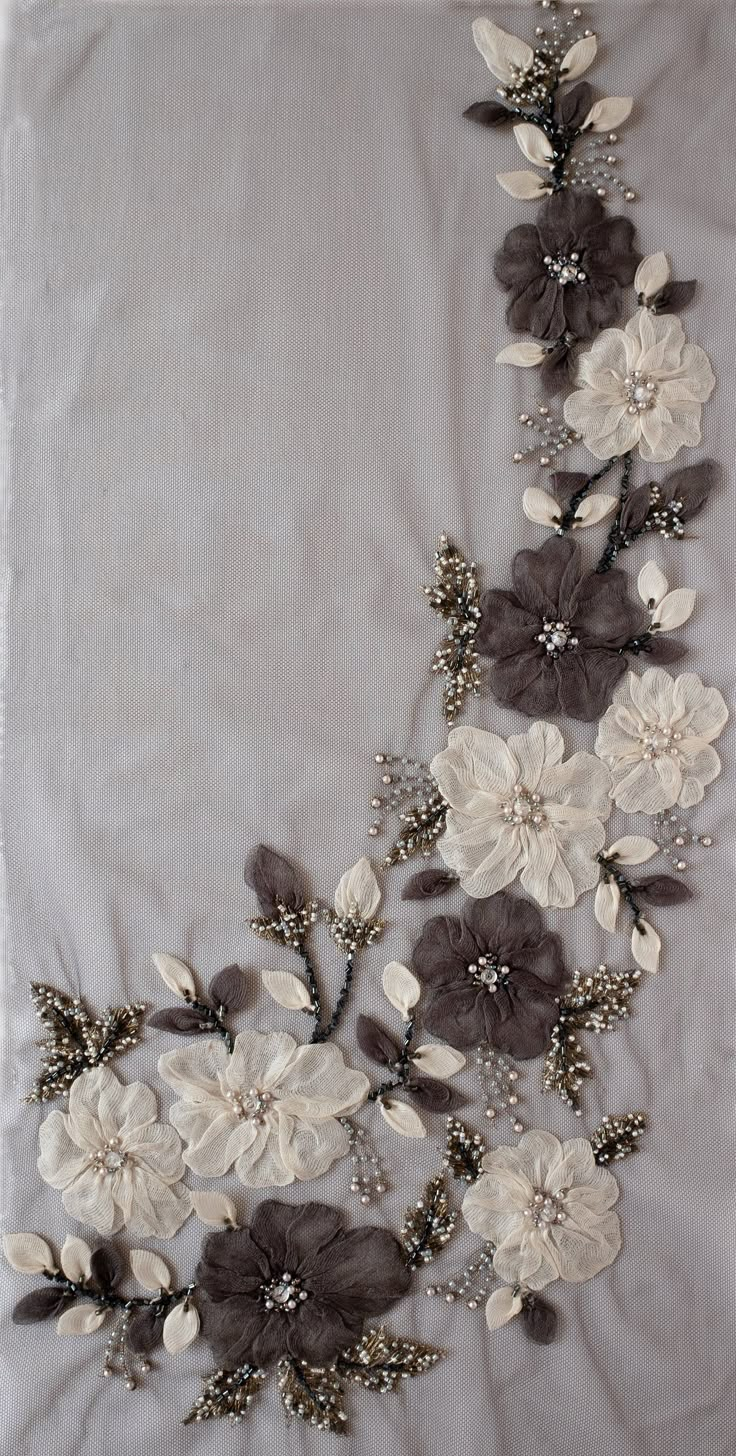 Haute Couture Motif | Applique flowers of silk organza in an uber elegant combination of ivory, greys and gold Couture Embellishment, Hoop Crafts, Applique Flowers, Ribbon Embroidery Tutorial, Hand Beaded Embroidery, Abstract Embroidery, Couture Embroidery, Bead Embroidery Patterns, Thread Art