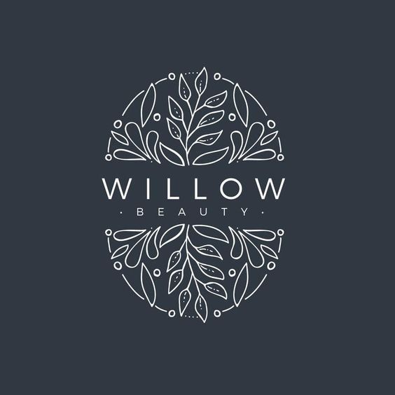 the willow beauty logo is shown in white on a dark background with leaves and berries