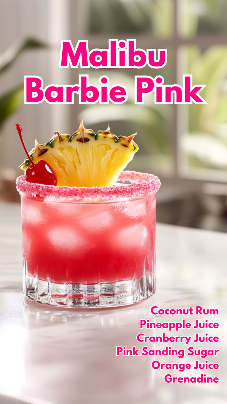 a pink cocktail with a pineapple on the rim