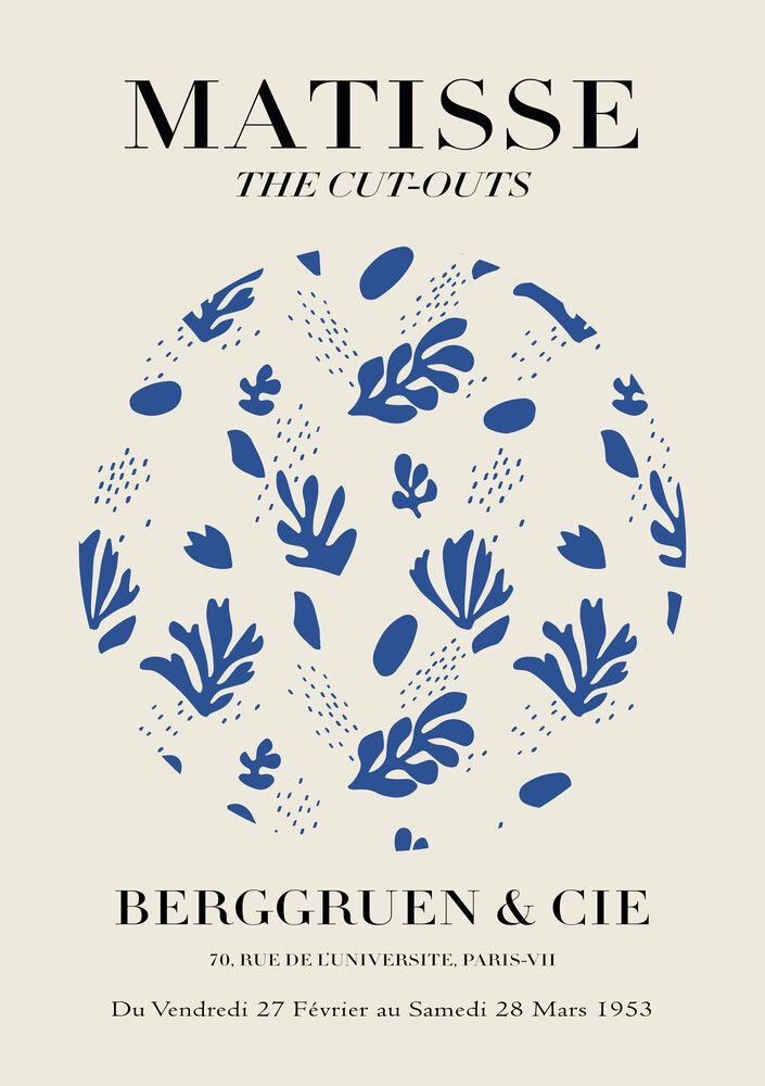 the poster for matissee the cuts, featuring blue flowers and leaves on a white background