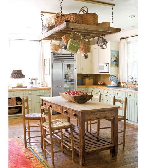 a kitchen filled with lots of wooden furniture