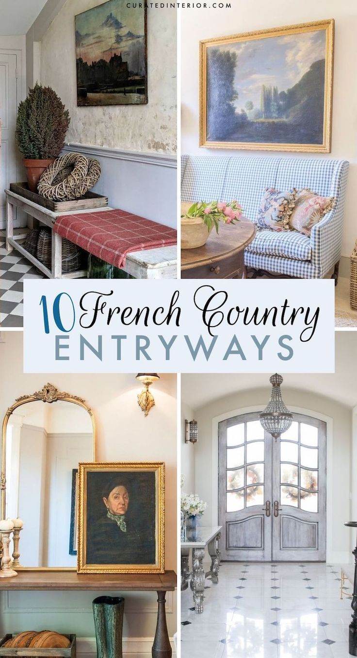 the interior of a french country house with pictures on the wall and in front of it