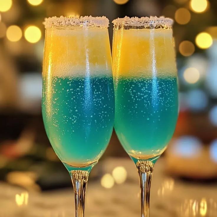 two glasses filled with colorful liquid sitting on top of a table next to each other