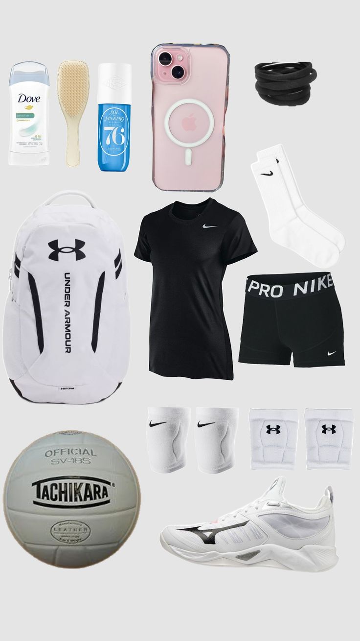 an assortment of sports gear including a backpack, shoes, and other items to wear