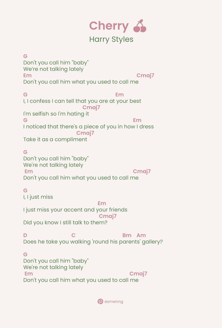 a poem written in pink and green with the words cherry, harry styles on it