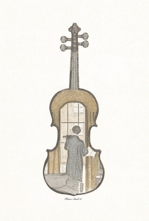 a drawing of a man standing in front of a window with a violin on it