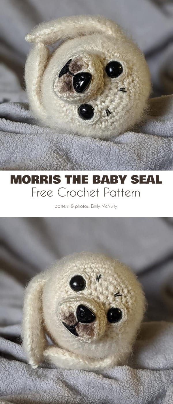 two pictures of a stuffed animal that looks like a baby seal