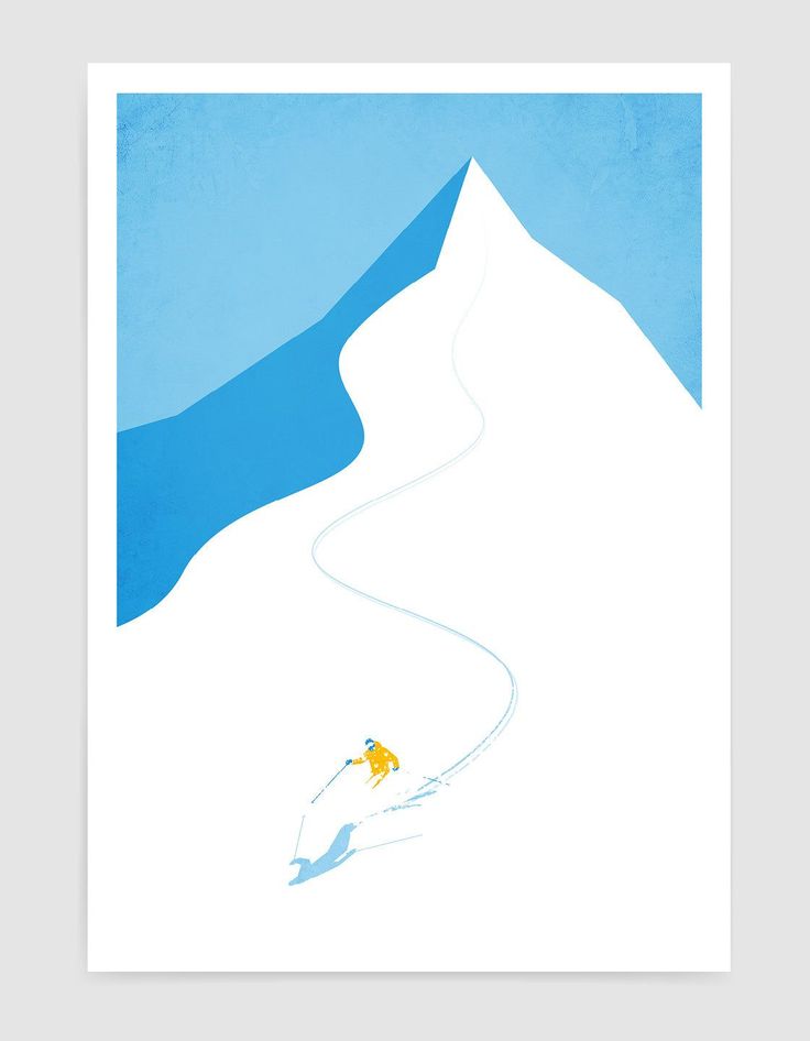 a poster with a skier going down a snowy hill in front of a blue sky