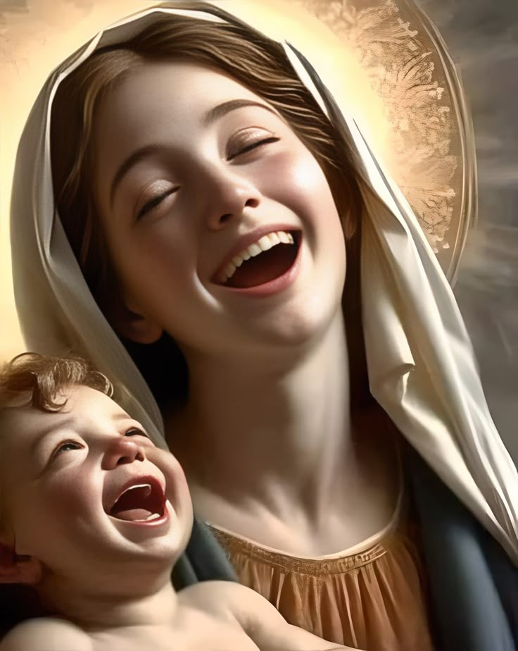 a woman holding a child in her arms with the image of mary and jesus on it