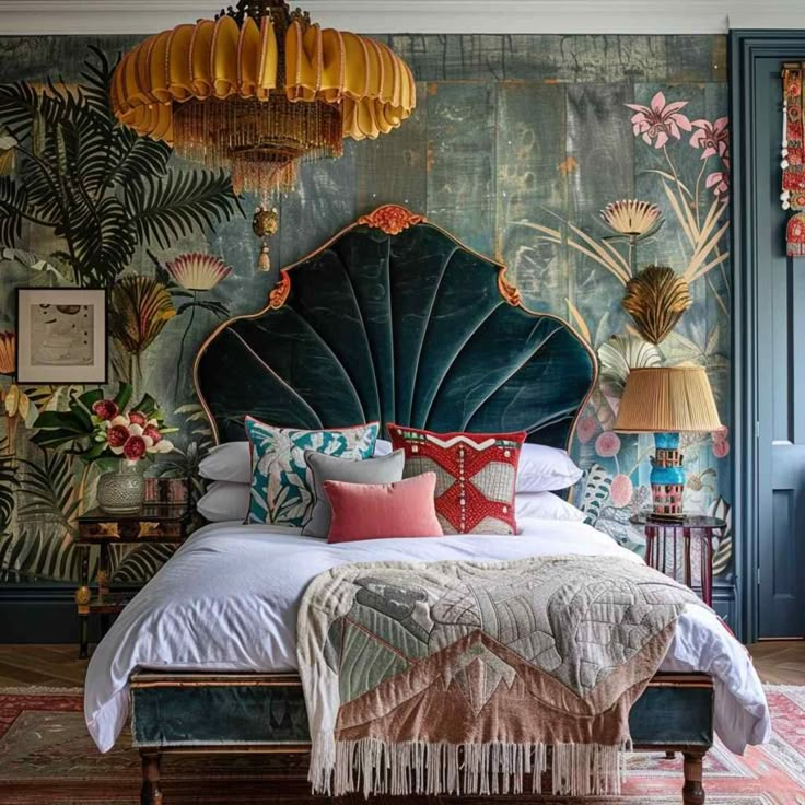 a bedroom with an elaborate bed and colorful wallpaper