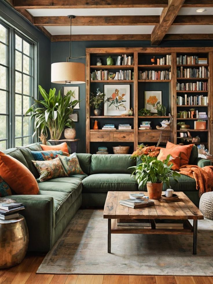 a living room filled with lots of furniture and bookshelves on top of each other