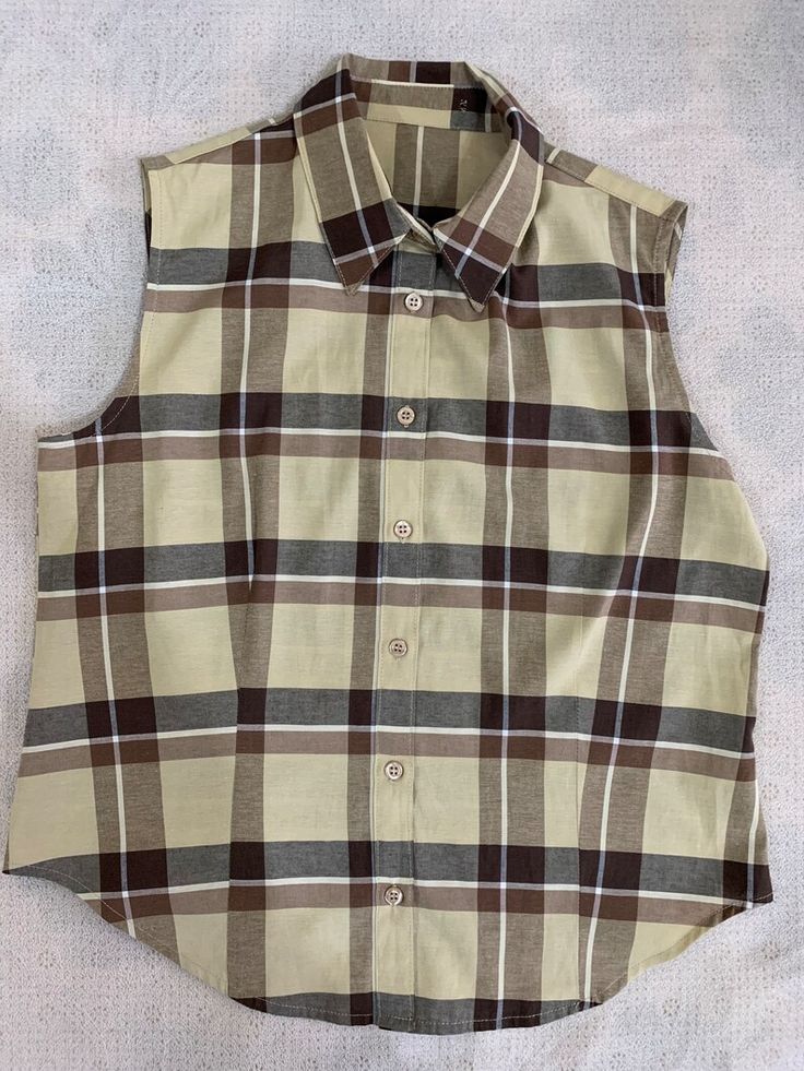 Vintage Sleeveless Checkered Shirt Collared Button up Shirt - Etsy Bulgaria Brown Cotton Tops For Daywear, Cotton Button-up Vest Top, Casual Sleeveless Plaid Blouse, Casual Sleeveless Shirt For Daywear, Casual Plaid Vest Top, Sleeveless Cotton Shirt With Button Closure, Brown Tops With Button Closure For Daywear, Casual Sleeveless Shirt With Button Closure, Cotton Vest Blouse For Work