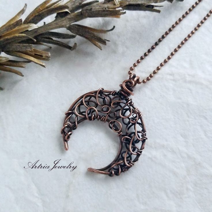 Nickel-free Crescent Copper Jewelry, Crescent Copper Jewelry As Gift, Handmade Bronze Crescent Jewelry, Crescent Copper Jewelry Gift, Crescent Copper Jewelry For Gift, Unique Crescent Shaped Copper Jewelry, Copper Moon Jewelry As A Gift, Copper Jewelry With Moon Charm For Gift, Celestial Wire Wrapped Round Jewelry