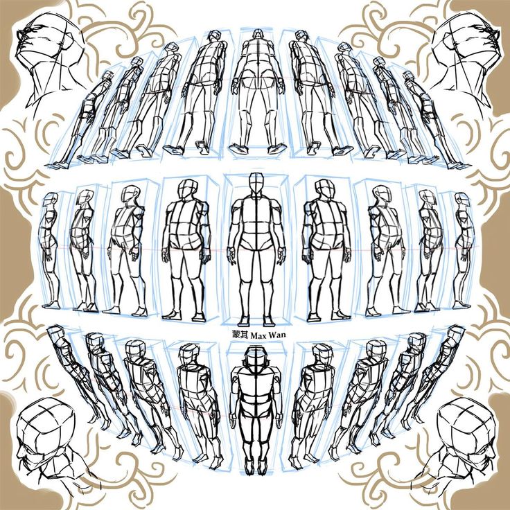 an image of different types of mannequins in various positions and sizes, all drawn