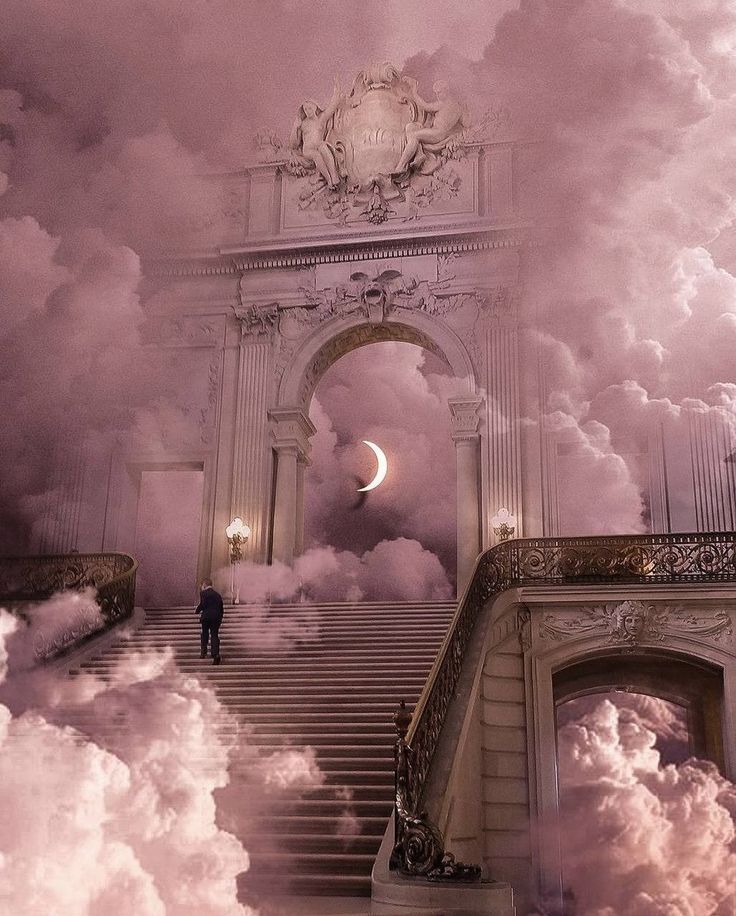 a man standing on the top of a staircase in front of clouds and a moon