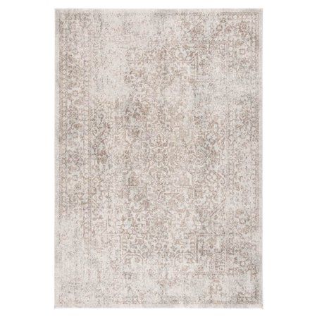 an antique style rug in beige and white with faded design on the front, side and back