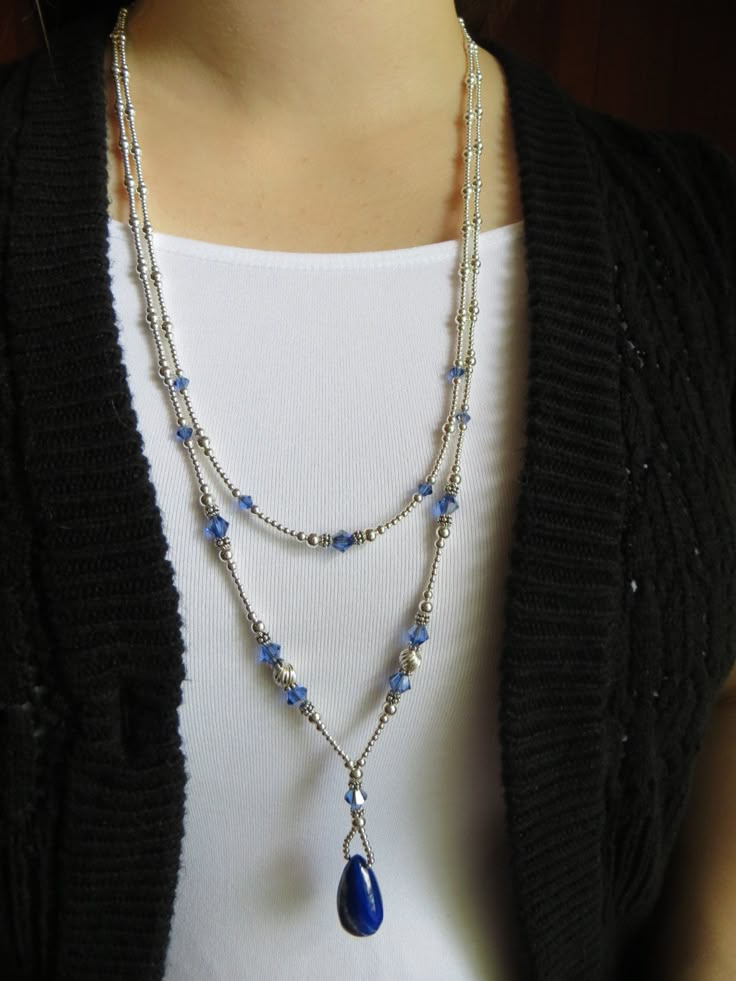 The Sally Anne came into existence with a jewelry party for Aimee's friends. They came to critique items, prices, and buy at reduced rates in return for their help. Sally put aside a pretty little necklace, saying she would love this as a double strand and longer. We worked on it together and the Sally Anne was born! This version is stunning with a Lapis Teardrop (24 by 13 mm), Swarovski Crystal and loads of fabulous Sterling Silver. Lapis Lazuli has been associated with strength and courage. Th Egyptian Necklace, Little Necklace, Star Necklace Silver, Lapis Lazuli Jewelry, Saint Marys, Lapis Lazuli Necklace, Double Strand Necklace, Jewelry Diy Bracelets, Egyptian Jewelry