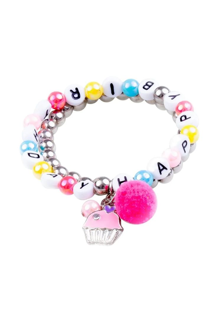 Cute bracelet for the birthday girl! Set includes 2 bracelets. small parts. Keep away from young children Recommended for children 3 and up Birthday Headband, Packaging Jewelry, Happy Birthday Lettering, Birthday Bracelet, Birthday Letters, Pink Cupcakes, Happy 2nd Birthday, Jewelry Card, Perfect Pink