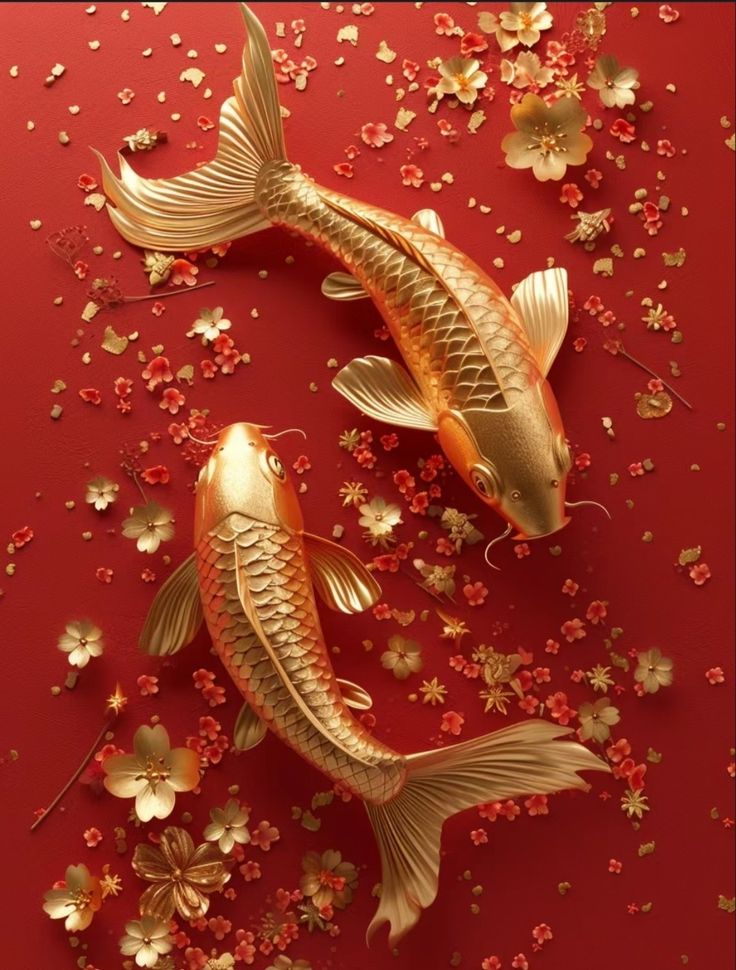 two gold koi fish are swimming in the water with red and white flowers around them