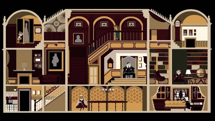 an illustration of the inside of a house with many rooms and staircases on each floor