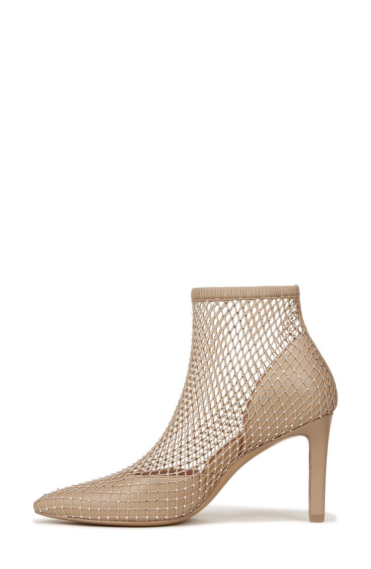 Bridal designer Pnina Tornai adds her signature shine to a pointy-toe bootie with a crystal-dotted mesh overlay. 3 1/4" heel (size 6) 4 1/4" shaft Pull-on style Leather and textile upper/textile lining/leather sole Imported Elegant Party Booties With 4-inch Heel, Summer Party Booties With Pointed Toe, Elegant Ankle Strap Party Booties, Elegant Party Booties With Ankle Strap, Glamorous Summer Evening Boots, Elegant Ankle Boots For Summer, Elegant High Ankle Summer Heels, Elegant Summer Formal Boots, Elegant Formal Summer Boots