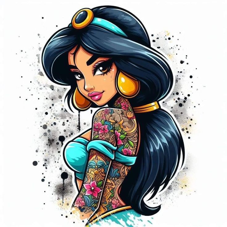 an image of a woman with tattoos on her body and headphones in her hair