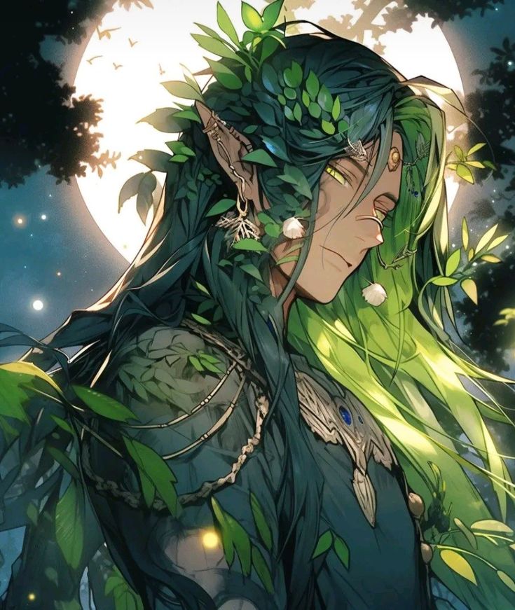 an anime character with green hair and leaves on his head, standing in front of the moon