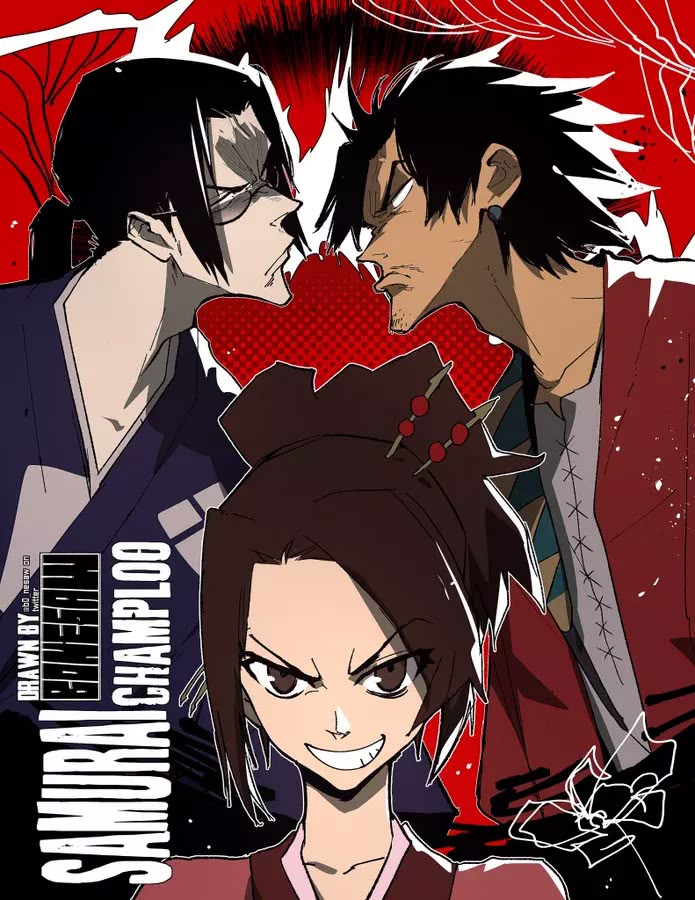 two anime characters are standing next to each other in front of red and black background