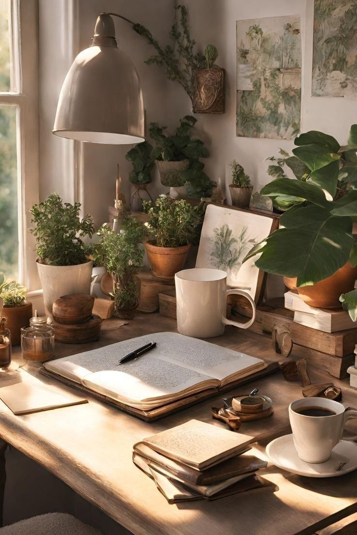 a wooden desk topped with lots of potted plants next to a window filled with books