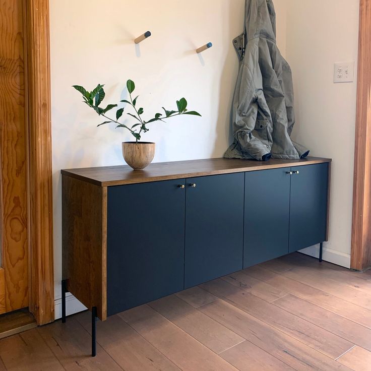 a plant is sitting on top of a cabinet