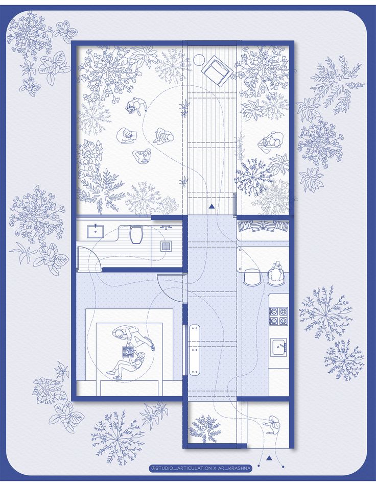 a blue and white floor plan for a house