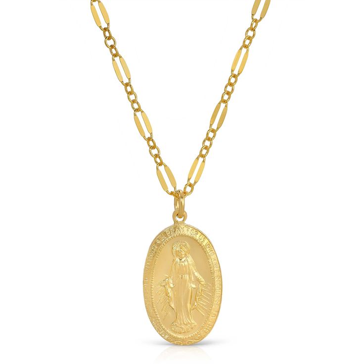 A high quality 14K Gold Filled, double sided, Mary Charm hangs on a sparkle Chain.Pendant is 20mm x 13mm Choose from all 14K Gold Filled or Sterling SilverOther chain options available on request, please message me! Choose your length: 16", 18" or 24" long.Gold Filled has 100 times more gold than gold plated jewelry. You can swim, shower, etc, this necklace is made to wear exactly like solid 14K Gold and will not chip or fade! Gold filled is created by taking a sheet of 14 karat gold and bonding Gold Oval Link Sterling Silver Necklaces, Gold-toned Sterling Silver Oval Link Necklaces, Sterling Silver Necklace With Figaro Chain In Gold Color, Gold Sterling Silver Oval Link Necklaces, Gold Sterling Silver Necklaces With Oval Link, Gold Plated Engraved Oval Necklaces, Oval Gold Plated Necklaces Stamped 14k, Gold Plated Oval Engraved Necklace, Oval Gold Plated Engraved Necklaces