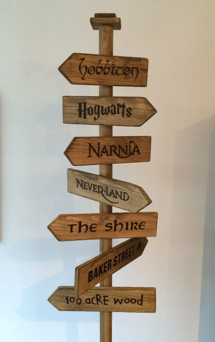 a wooden sign post with many different signs on it's sides and the words harrys, narnia, the shire, baker street, boscie wood