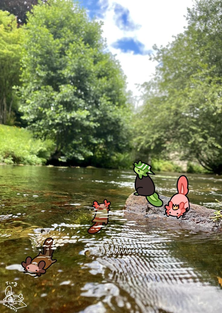 three cartoon characters are playing in the water near some rocks and trees with green leaves on them