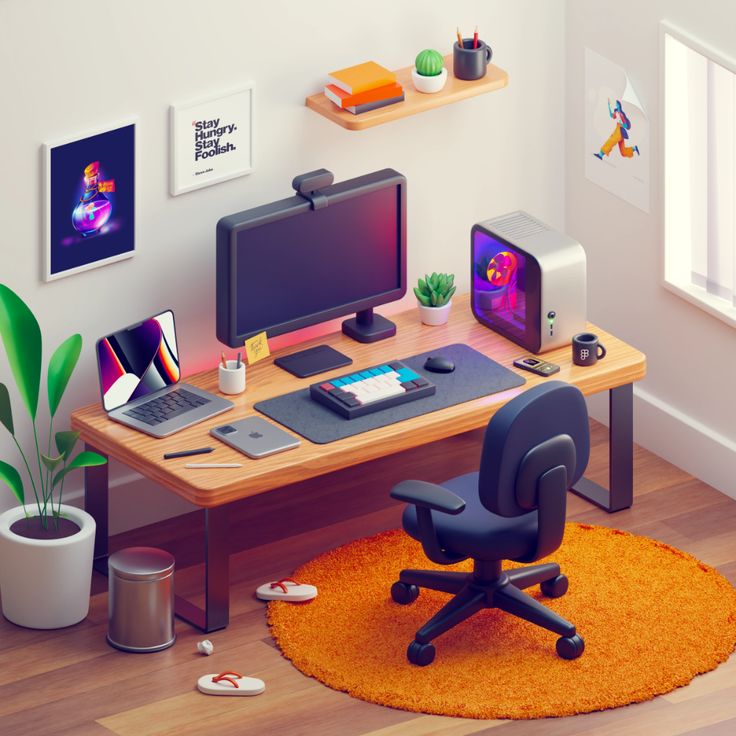 a computer desk with two monitors and a laptop on it, in front of a potted plant