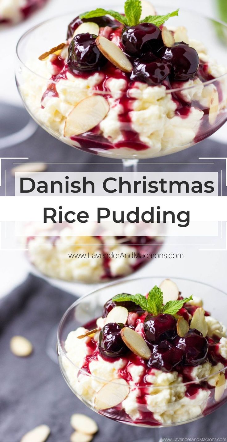 christmas rice pudding with cherries and almonds in two glass bowls on a table