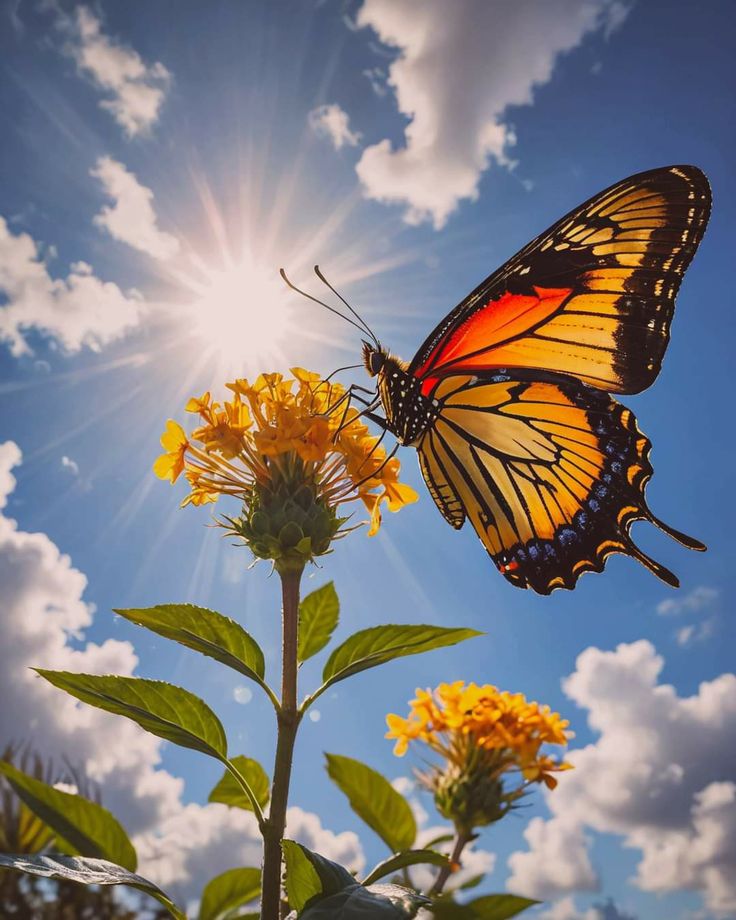 a butterfly flying over a yellow flower under a blue sky with clouds and sunbeams