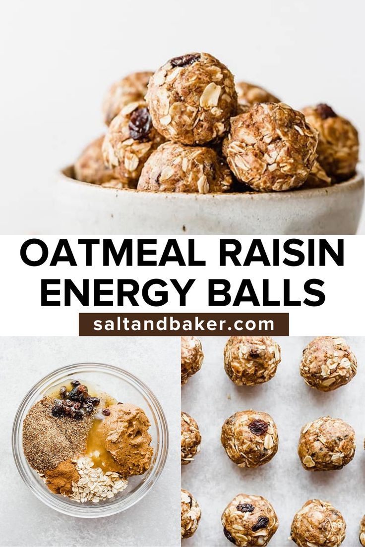 oatmeal raisin energy balls in a bowl and on the table with other ingredients