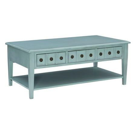 a blue coffee table with three drawers on each side and one drawer below the top