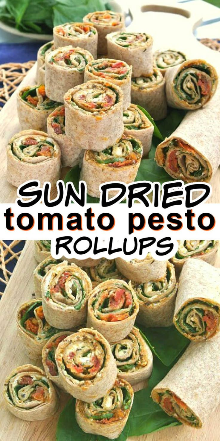 the sun dried tortilla pesto rolls are stacked on top of each other