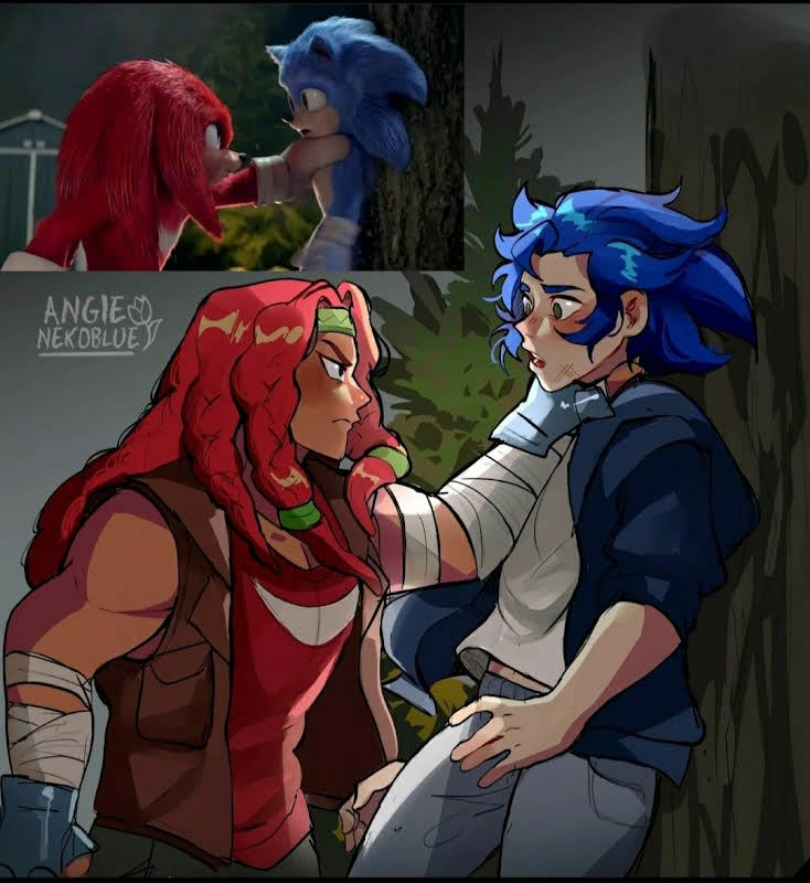 two cartoon characters one with blue hair and the other red