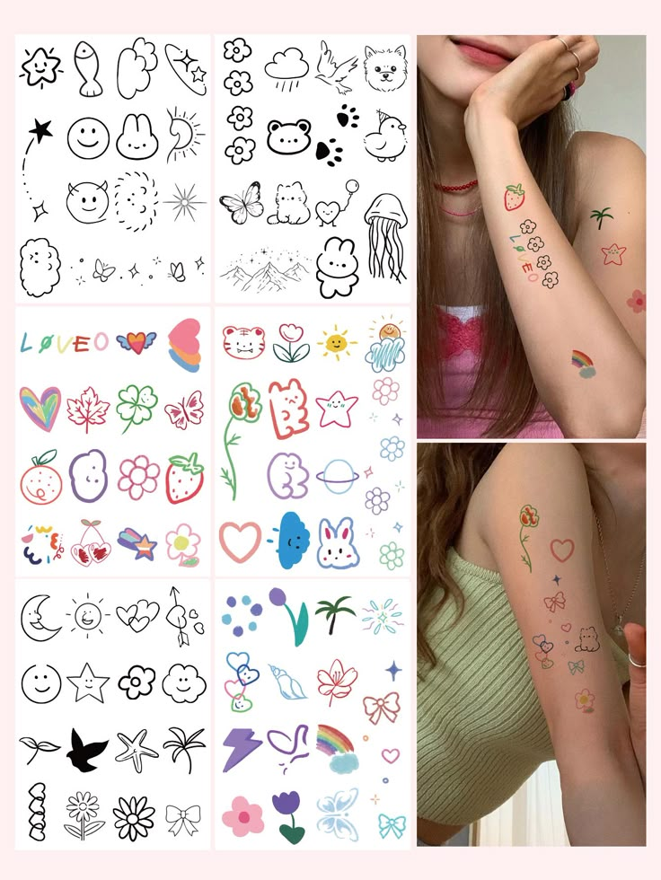 the girl has many different tattoos on her arm