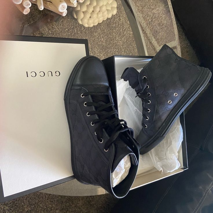 Size 41-10.5 Ladies But Are Unisex Gucci Black Sneakers Like New In Box Wore Once. All Offers Considered Gucci High-top Lace-up Sneakers, Gucci Lace-up High-top Sneakers With Rubber Sole, Gucci Lace-up Sneakers With Perforations, Gucci Leather Sneakers With Laces, Designer Leather High-top Sneakers With Perforations, Designer Black High-top Sneakers With Laces, Black Sporty Gucci High-top Sneakers, Casual Gucci Lace-up High-top Sneakers, Gucci High-top Sneakers With Branded Insole