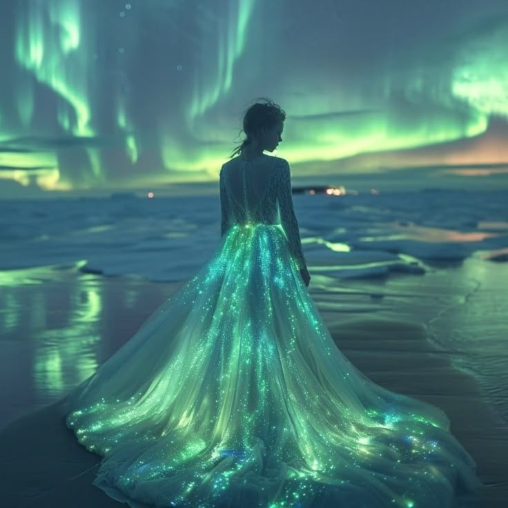 a woman in a long dress standing on the beach with an aurora bore behind her