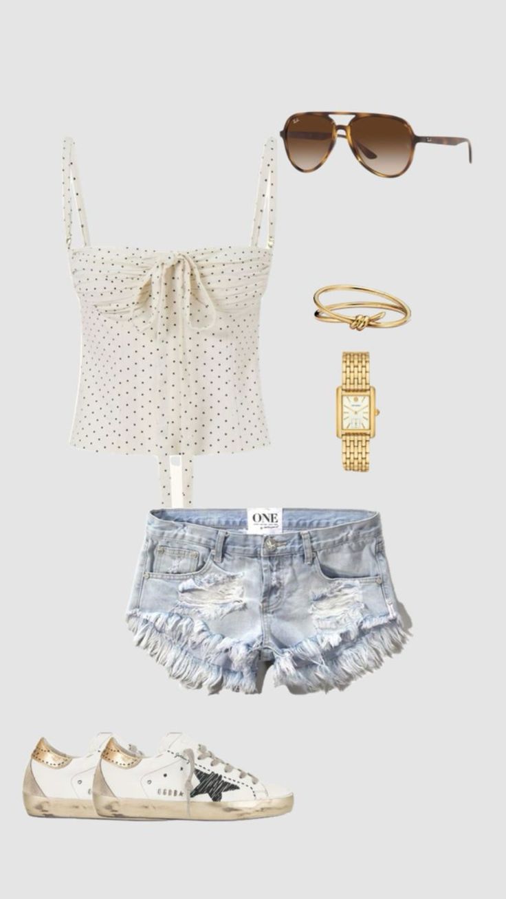 a pair of shorts, top and sunglasses