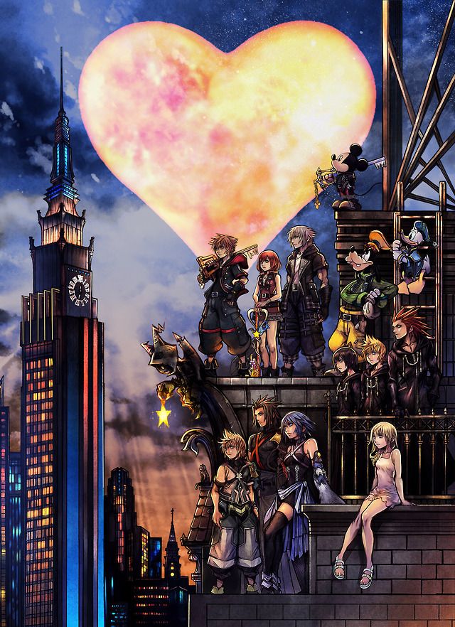 an anime scene with many people on top of a building and a giant heart in the sky