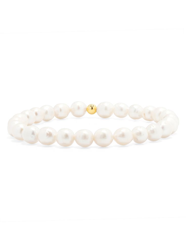 A new take on our classic everyday stretch bracelet. This bracelet is made with 5.8mm freshwater pearls and a single 4mm gold fill bead. It's always a party on your wrist when you add these leMel gold fill stretch beaded bracelets to your wrist stack! Perfect to wear alone or with your other leMel favorites! Measure 6.5" in length. E-mail us for a custom size. Please allow 1-2 weeks for delivery. Stretch Bracelet With Pearl Charm And Round Beads, Elegant Stackable Stretch Bracelet, Elegant Stretch Bracelet With Pearl Charm And Round Beads, Classic Stretch Bracelet With Pearl Beads, Elegant Hand-strung Pearl White Bracelet, Elegant White Stretch Bracelet With 8mm Beads, Classic Hand-strung Stretch Bracelet Gift, Adjustable Stackable Pearl Bracelet, Elegant White Stretch Bracelet With Pearl Charm