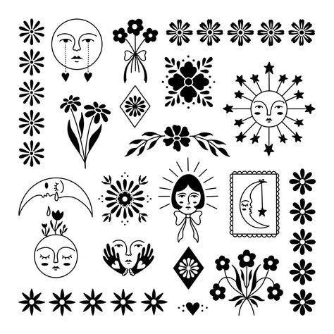 an assortment of black and white designs with flowers, hearts, sun, moon and stars