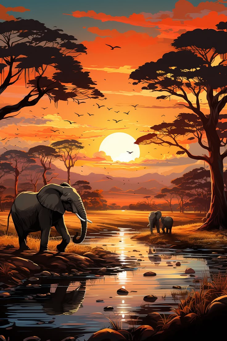 an elephant is standing in the water at sunset with other elephants near by and birds flying overhead