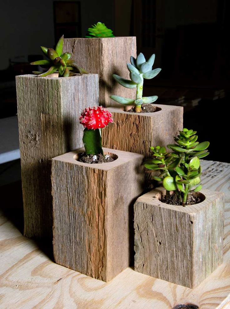 four wooden blocks with succulents and flowers in them sitting on a table